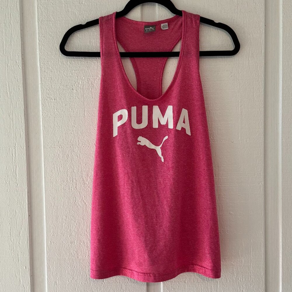 Puma Medium Tank Top Muscle Shirt Pink Spellout Stretch Athleisure‎ Athletic